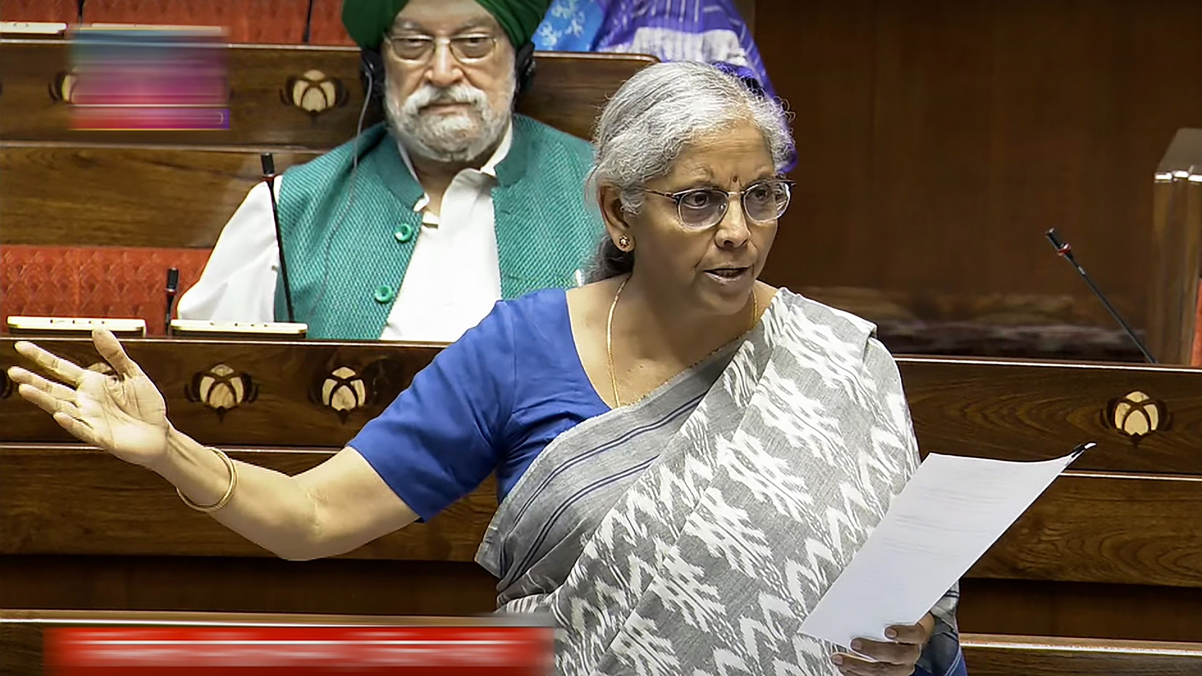 <div class="paragraphs"><p>Union Finance Minister Nirmala Sitharaman speaks in the Rajya Sabha during the Monsoon session of Parliament.</p></div>